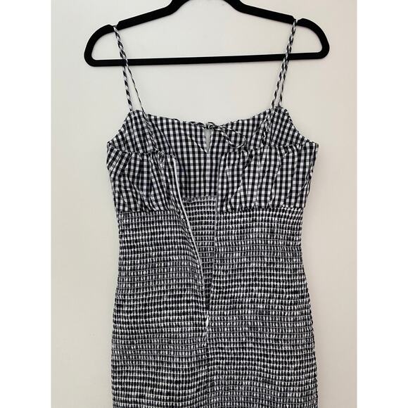 J Crew Smocked Black White Gingham Tie Front Midi Dress Bodycon Fitted NWT 00 - Picture 14 of 14